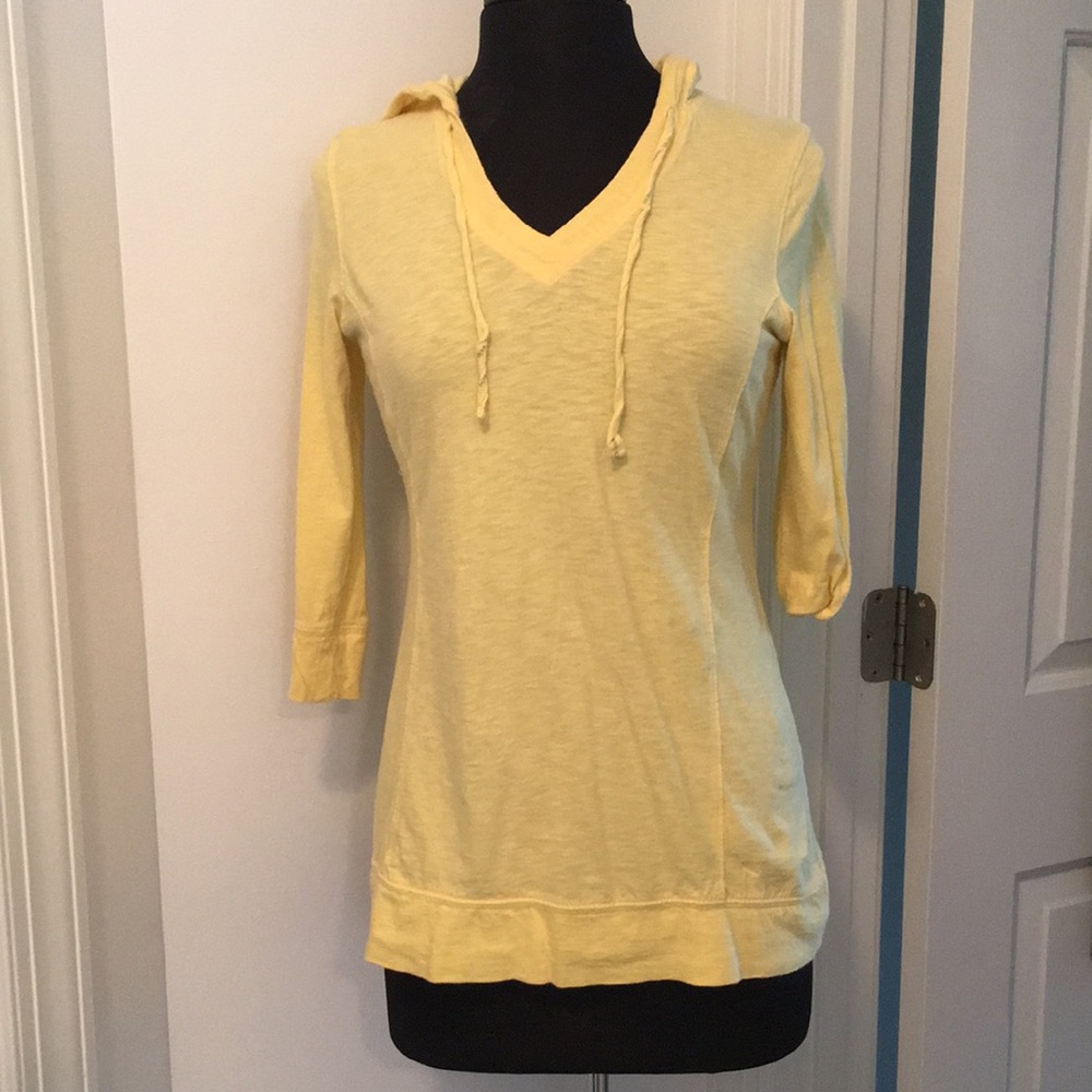 Yellow Danskin hooded top. Three quarter in sleeve